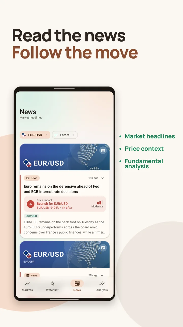 News screen: read the news, follow the move